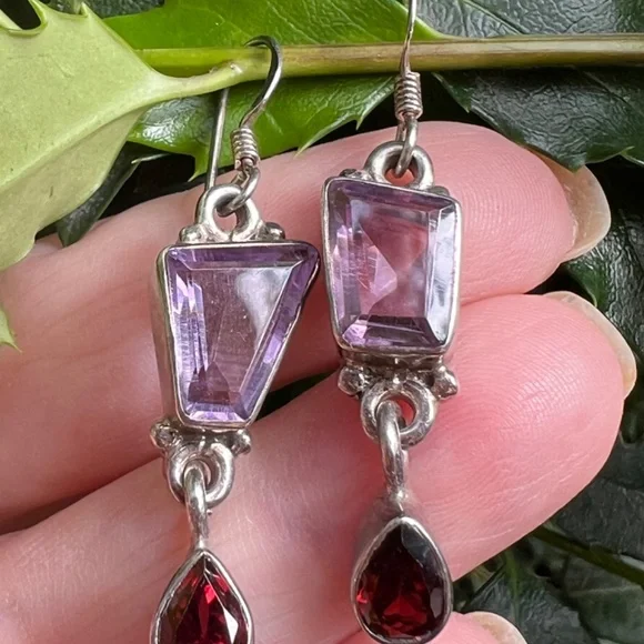 VINTAGE AMETHYST GARNET DROP DANGLE LONG EARRING925 STERLING SILVER UNIQUE CUT